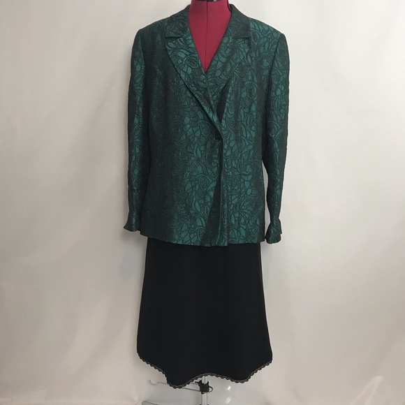 Le Suit Skirt Suit Size 14 Forest Green & Black 2-Piece Set Blazer & Skirt - Picture 1 of 16